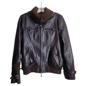 Rare Vintage Torras Spain Leather Knit Jacket Size 42 Brown Bomber Moto Unisex